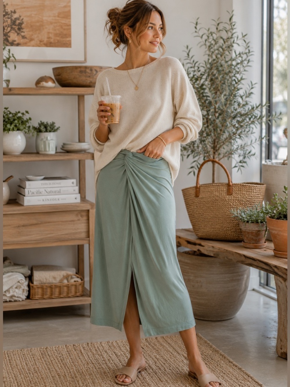 Anthropologie June Sage Green Twist Front Midi Skirt Sz XS Jersey Knit Boho